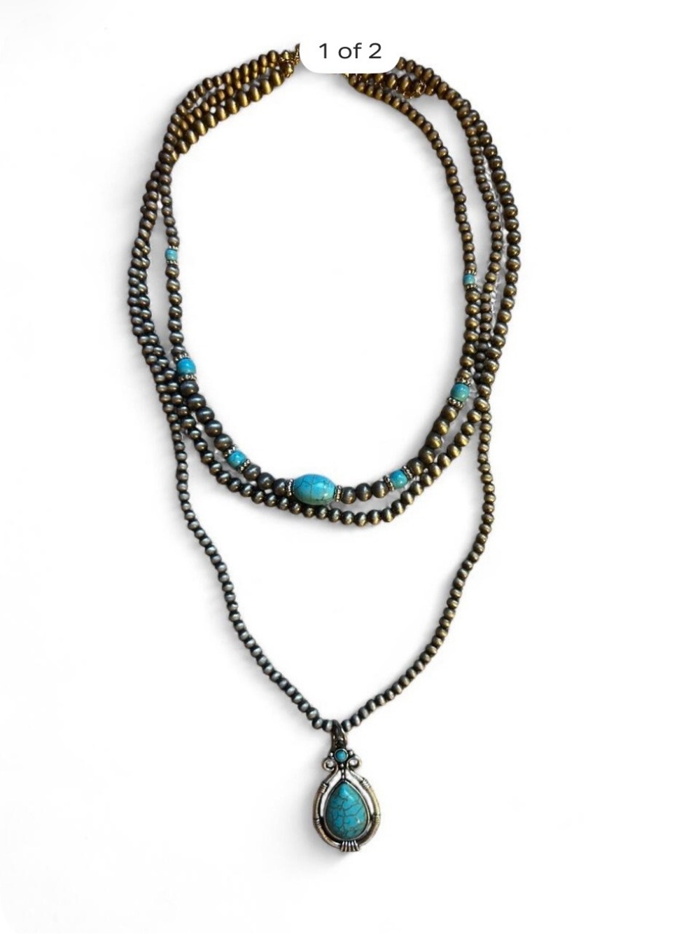 Turquoise Beaded Layered Necklace with Teardrop Pendant